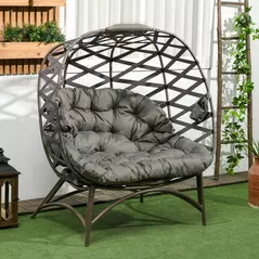 Outsunny 2 Seater Egg Chair Outdoor, Folding Weave Garden Furniture Chair with Cushion, Cup Pockets - Sand Brown - 2