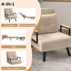 HOMCOM 4-in-1 Velvet-Feel Single Chair Bed, with Pillow - Beige - 4