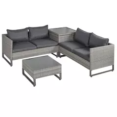 Outsunny 4 Pieces Rattan Garden Furniture Set, 4 Seater Garden Sofa Set with Storage Box, Loveseats and Glass Top Table, Wicker Outdoor Conservatory Furniture with Cushions for Outdoor, Patio, Grey - 1