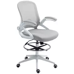 Vinsetto Drafting Chair with Flip-up Armrest, Mesh Office Stool with Foot Ring, 360 Degree Swivel Height Adjustable Chair for Standing Desk, Light Grey - 1