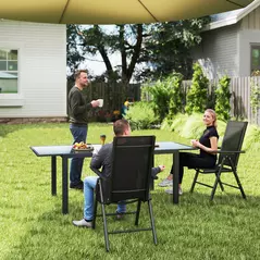 Outsunny Set of 2 Folding Garden Chairs, Aluminium Frame Outdoor Dining Chairs with Breathable Mesh Back and Seat, Garden Folding Chair Set with Armrests for Balcony, Black - 2