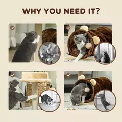 PawHut 47cm Small Cat Tree w/ Scratching Post, Bed, Cat Tunnel, Toy Ball, Dark Brown - 6