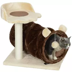 PawHut 47cm Small Cat Tree w/ Scratching Post, Bed, Cat Tunnel, Toy Ball, Dark Brown - 1