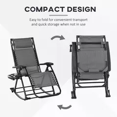 Outsunny Garden Rocking Chair Folding Recliner Outdoor Adjustable Sun Lounger Rocker Zero-Gravity Seat with Headrest Side Holder Patio Deck - Grey - 4