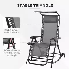 Outsunny Garden Rocking Chair Folding Recliner Outdoor Adjustable Sun Lounger Rocker Zero-Gravity Seat with Headrest Side Holder Patio Deck - Grey - 6