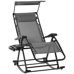 Outsunny Garden Rocking Chair Folding Recliner Outdoor Adjustable Sun Lounger Rocker Zero-Gravity Seat with Headrest Side Holder Patio Deck - Grey - 1