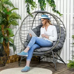 Outsunny Folding Rattan Egg Chair, Freestanding Basket Chair with Cushion, Bottle Holder Bag for Outdoor or Indoor, Grey - 2