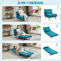 HOMCOM Single Linen-Feel Sleeper Chair - Dark Blue - 4