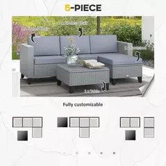 Outsunny 5-Piece Rattan Patio Furniture Set with Corner Sofa, Footstools, Coffee Table, for Poolside, Grey - 4