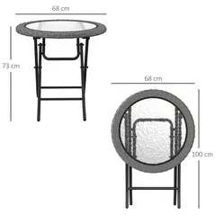 Outsunny Folding Rattan Garden Dining Table, 68 cm Round Rattan Garden Table with Water Ripple Tempered Glass Top, Wicker Edging  and Steel Frame for Outdoor, Patio, Grey - 3
