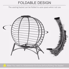 Outsunny Folding Rattan Egg Chair, Freestanding Basket Chair with Cushion, Bottle Holder Bag for Outdoor or Indoor, Grey - 6