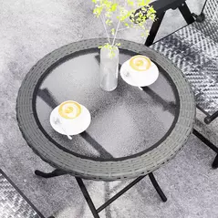 Outsunny Folding Rattan Garden Dining Table, 68 cm Round Rattan Garden Table with Water Ripple Tempered Glass Top, Wicker Edging  and Steel Frame for Outdoor, Patio, Grey - 8