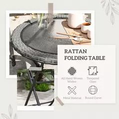 Outsunny Folding Rattan Garden Dining Table, 68 cm Round Rattan Garden Table with Water Ripple Tempered Glass Top, Wicker Edging  and Steel Frame for Outdoor, Patio, Grey - 4