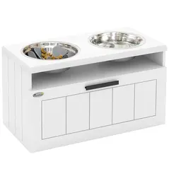 PawHut Raised Dog Bowl with Slow Feeder, Two Stainless Steel Dog Bowls, Drawer, for Large and Extra Large Dogs, White - 1