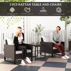 Outsunny 3 Pieces Rattan Bistro Set with 4 Cushions, Wicker Garden Furniture Set, Glass Top Coffee Table and Chairs for Outdoor Patio, Balcony, Terrace and Conservatory, Brown - 4