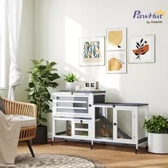 PawHut Wooden Rabbit Hutch with Run, 2-Tier Guinea Pig Hutch with Run, Wheels, 3 Plastic Trays, 2 Openable Top, for 2-3 Rabbits - 2