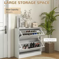 HOMCOM 2 Drawers Entryway Shoe Cabinet, Narrow Shoe Storage Cabinet with 2 Flip Drawers, Louvred Door Design and Adjustable Shelves for 16 Pairs of Shoes, White - 4