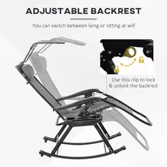 Outsunny Garden Rocking Chair Folding Recliner Outdoor Adjustable Sun Lounger Rocker Zero-Gravity Seat with Headrest Side Holder Patio Deck - Grey - 7