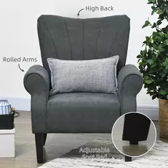 HOMCOM Upholstered Accent Chair with Rolled Arms and Wood Legs, Armchair for Living Room Bedroom, Grey - 5