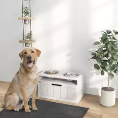 PawHut Raised Dog Bowl with Slow Feeder, Two Stainless Steel Dog Bowls, Drawer, for Large and Extra Large Dogs, White - 2