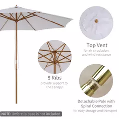 Outsunny 3(m) Garden Parasol, Pulley Operated Patio Umbrella, Wooden Table Market Umbrella with Rope Pulley Mechanism and 8 Ribs, Cream White - 4