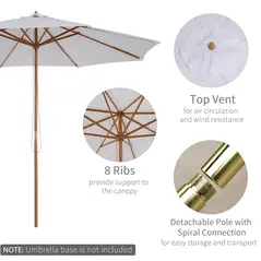 Outsunny 3(m) Garden Parasol, Pulley Operated Patio Umbrella, Wooden Table Market Umbrella with Rope Pulley Mechanism and 8 Ribs, Cream White - 4