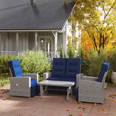 Outsunny 4 Piece Rattan Garden Furniture Set Outdoor Sofa Sectional Set with Glass Top Table for Poolside, Navy Blue - 2