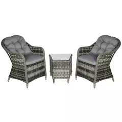 Outsunny 3 Pieces Rattan Bistro Set, Wicker Garden Bistro Set, Glass Top Balcony Table and Chairs with Cushions for Outdoor, Patio, Balcony, Grey - 1