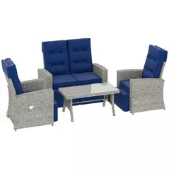 Outsunny 4 Piece Rattan Garden Furniture Set Outdoor Sofa Sectional Set with Glass Top Table for Poolside, Navy Blue - 1