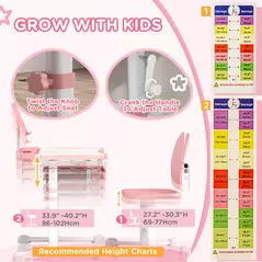 AIYAPLAY Height Adjustable Kids Desk and Chair Set, School Study Writing, Reading Table Chair Set w/ Tilted Desktop, Pink - 5