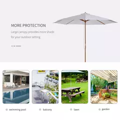Outsunny 3(m) Garden Parasol, Pulley Operated Patio Umbrella, Wooden Table Market Umbrella with Rope Pulley Mechanism and 8 Ribs, Cream White - 6