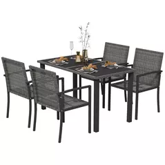 Outsunny Outdoor Dining Set 5 Pieces Patio Conservatory with Tempered Glass Tabletop,4 Dining Chairs - Grey - 1