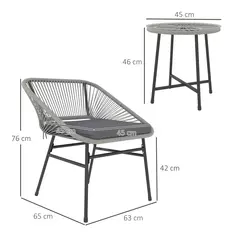 Outsunny 3 Pieces Rattan Bistro Set, Wicker Small Garden Table and Chairs Set with Cushions and Glass Top Coffee Table, Bistro Garden Furniture Set for Outdoor, Patio, Balcony, Light Grey - 3