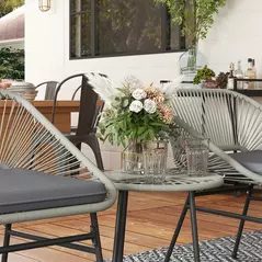 Outsunny 3 Pieces Rattan Bistro Set, Wicker Small Garden Table and Chairs Set with Cushions and Glass Top Coffee Table, Bistro Garden Furniture Set for Outdoor, Patio, Balcony, Light Grey - 8