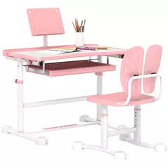 AIYAPLAY Height Adjustable Kids Desk and Chair Set, School Study Writing, Reading Table Chair Set w/ Tilted Desktop, Pink - 1