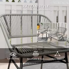 Outsunny 3 Pieces Rattan Bistro Set, Wicker Small Garden Table and Chairs Set with Cushions and Glass Top Coffee Table, Bistro Garden Furniture Set for Outdoor, Patio, Balcony, Light Grey - 5
