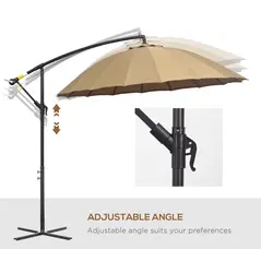 Outsunny 3(m) Cantilever Umbrella 18 Ribs & Vents Adjustable Angle for Patio Khaki - 5