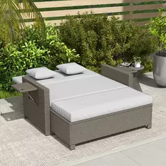 Outsunny Rattan Day Bed, with Footstool - Light Grey - 8