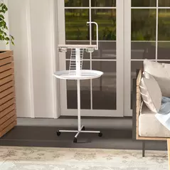 PawHut Bird Stand with Four Wheels, Perches, Stainless Steel Feed Bowls, Round Tray, for Garden, Indoor, Outdoor - White - 8