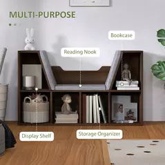 HOMCOM Bookcase Storage Shelf with Cushioned Reading Seat, Cube Bookshelf Organizer for Bedroom Living Room, Chestnut - 5