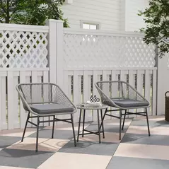 Outsunny 3 Pieces Rattan Bistro Set, Wicker Small Garden Table and Chairs Set with Cushions and Glass Top Coffee Table, Bistro Garden Furniture Set for Outdoor, Patio, Balcony, Light Grey - 2
