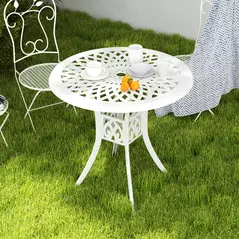 Outsunny 78 cm Round Garden Dining Table with Parasol Hole Antique Cast Aluminium Outdoor Table Only, White - 8