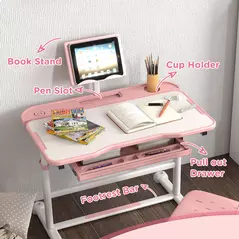 AIYAPLAY Height Adjustable Kids Desk and Chair Set, School Study Writing, Reading Table Chair Set w/ Tilted Desktop, Pink - 7