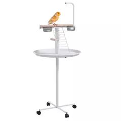 PawHut Bird Stand with Four Wheels, Perches, Stainless Steel Feed Bowls, Round Tray, for Garden, Indoor, Outdoor - White - 1