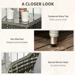 Outsunny 3 Pieces Rattan Bistro Set, Wicker Garden Bistro Set, Glass Top Balcony Table and Chairs with Cushions for Outdoor, Patio, Balcony, Grey - 6