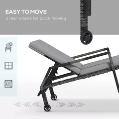 Outsunny Outdoor Sun Lounger, Rattan Wicker Chaise Recliner with 5-Level Adjustable Backrest and 2 Wheels - 5