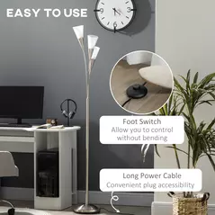 HOMCOM 3-Light Upright Floor Lamps for Living Room, Modern Standing Lamp for Bedroom with Steel Base, Bulb not Included, Silver - 5