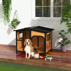 PawHut Wooden Dog Kennel with Removable Floor, Asphalt and Openable Roof, Large Window, for Large Dogs, Yellow - 2
