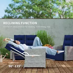 Outsunny 4 Piece Rattan Garden Furniture Set Outdoor Sofa Sectional Set with Glass Top Table for Poolside, Navy Blue - 6