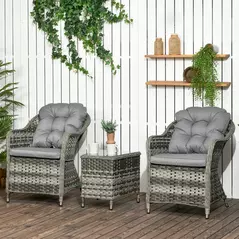 Outsunny 3 Pieces Rattan Bistro Set, Wicker Garden Bistro Set, Glass Top Balcony Table and Chairs with Cushions for Outdoor, Patio, Balcony, Grey - 2
